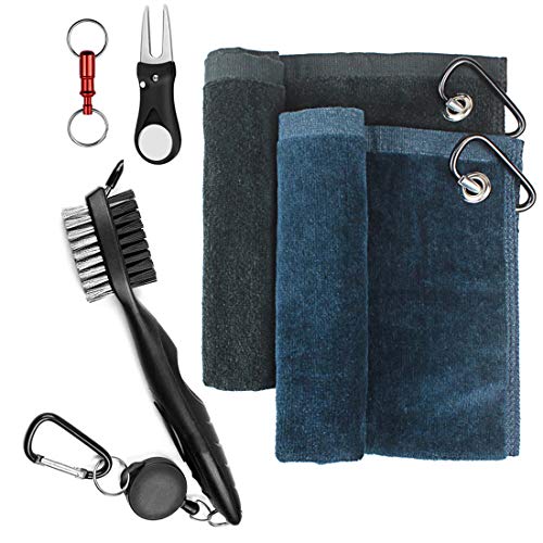 Yotako 2 Pack Microfiber Golf Towel for Golf Bags with Clip,Club Groove Cleaner Brush,Golf Divot Repair Tool with Ball Marker and Pull Apart Key Ring-Golf Accessories