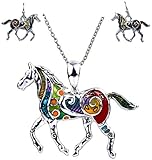 DianaL Boutique Colorful Enameled Horse Pendant Necklace and Earrings Set, 24" Chain