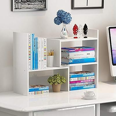Hossejoy Wood Adjustable Bookshelf Bookcase White Expandable Desktop Storage