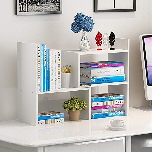 Hossejoy Wood Adjustable Bookshelf Bookcase White Expandable Desktop Storage