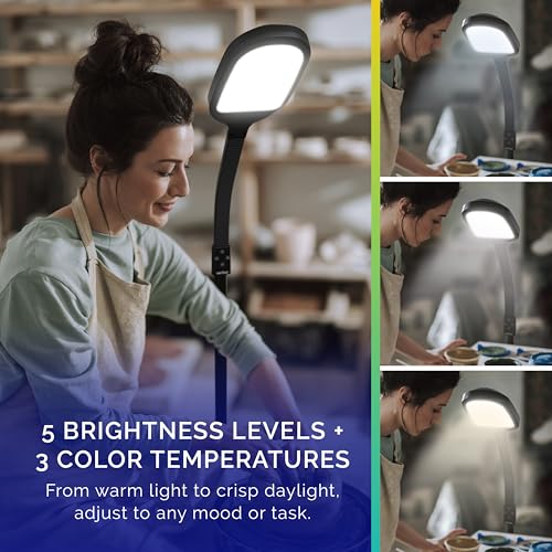 Verilux SmartLight Full Spectrum LED Modern Floor Lamp with Adjustable Brightness, Flexible Gooseneck and Easy Controls - Reduces Eye Strain and Fatigue - Ideal for Reading, Artists, Craft (Black)