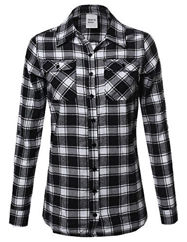 Plaid checker button down shirt roll up sleeves black w…