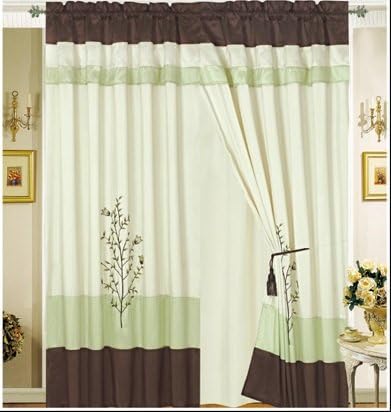 Amazon Com Octorose Pair Of Sage Green Brown Beige Embroidery Design Window Curtain Drapes Panels With Sheer Linen Valance And Tieback Kitchen Dining
