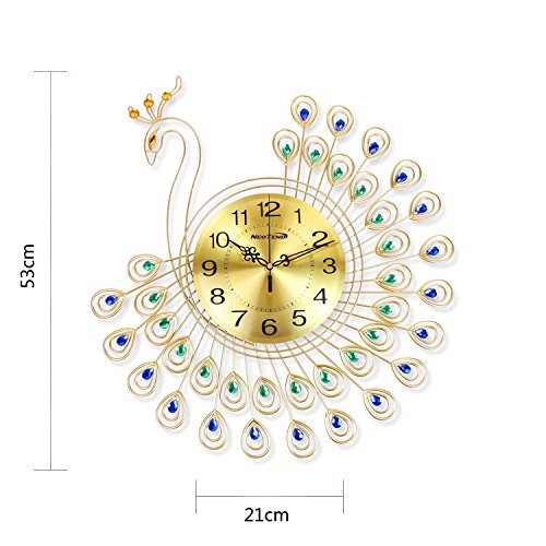 NEOTEND 3D Wall Clock Peacock 40pcs Diamonds Decorative Clock Diameter 20.8"