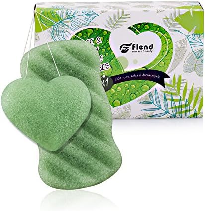 Flend Konjac Sponges All Natural Facial Body Sponge Set for Sensitive Skin, 2 Pack, Green Tea Face Cleansing Exfoliation (1Body+1 Facial)