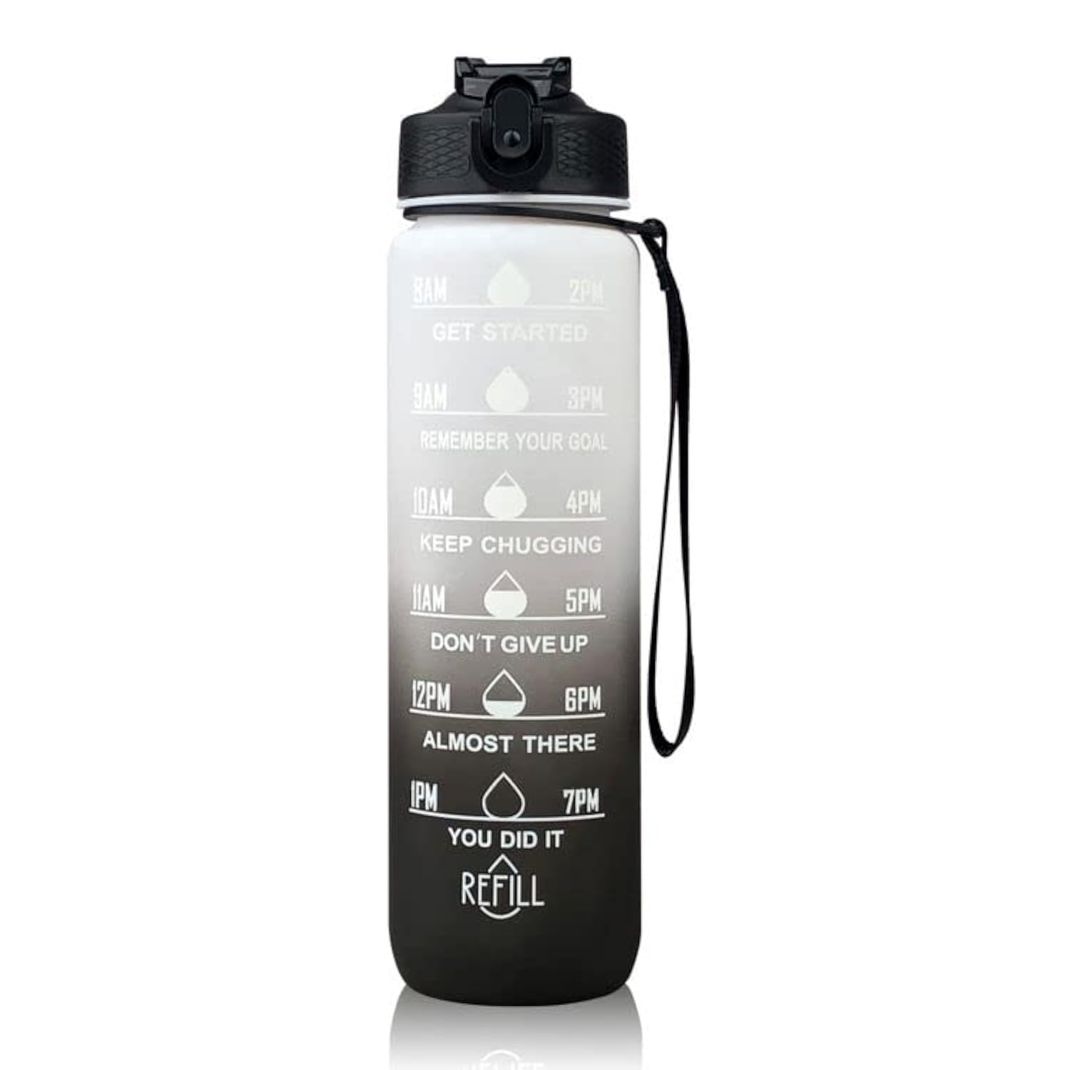 Sports Bottle 1L Plastic BPA Free With Strew and Time Marking, Leak-Proof (Black & White)