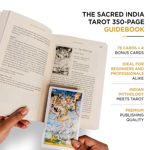 The Sacred India Tarot Deck - 78 Premium Tarot + 4 Bonus Cards with 350-Page Guidebook - Readings Based on Indian Mythology - for Beginners & Professionals - Magnetic Lock Box with Bookmark & Altar