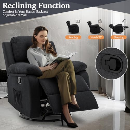Korser Recliner Chair, 360 Swivel Rocker Chair for Adults, Small Rocking Recliner for Small Spaces, Upholstered Fabric Glider Recliner Nursery Chair with Side Pockets for Living Room, Nursery