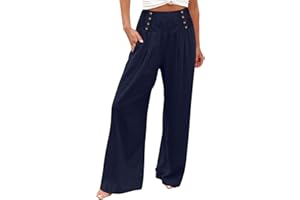 MIDELXP Wide Leg Linen Pants for Women Elastic Smocked Waist Palazzo Pants Lightweight Summer Boho Beach Pants with Pockets