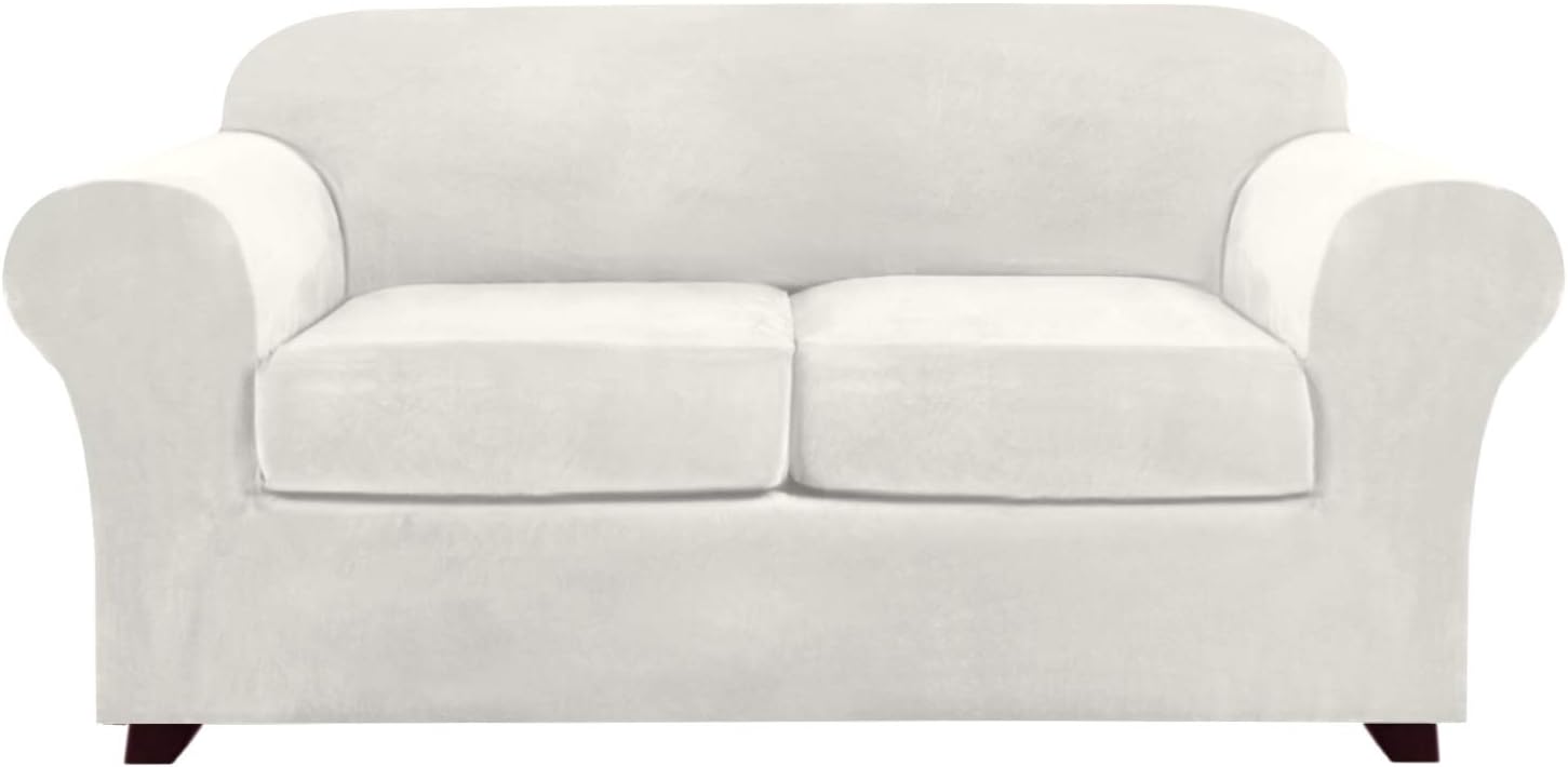 3 Pieces Sofa Covers Stretch Velvet Couch Covers for 2 Cushion Sofa Slipcovers Soft Sofa Slip Covers with 2 Non Slip Straps Furniture Covers with 2 Individual Seat Cushion Covers (Loveseat, Off White): Home & Kitchen