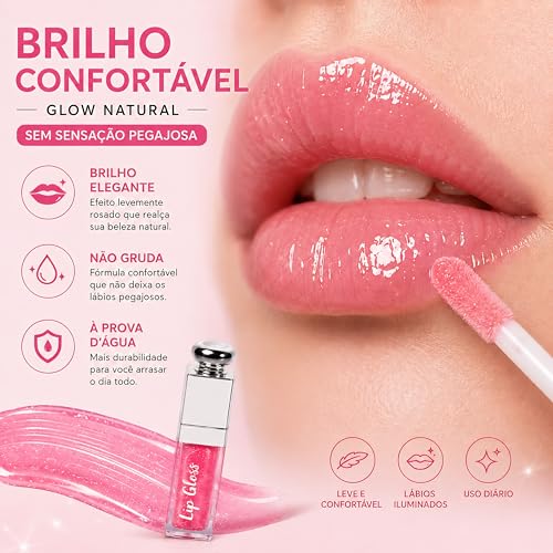 Kit Lip Gloss + Lip Balm + mini Lip Oil 3 em 1 Rosa | Brilho Labial com Glow Natural e Hidratação | Não Grudento | Aroma Frutado | À Prova D’Água