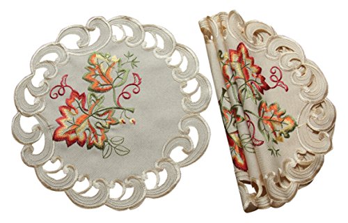 Xia Home Fashions XD160919 Thankful Leaf Embroidered Cutwork Fall Doilies, 12" Round, Set of 4