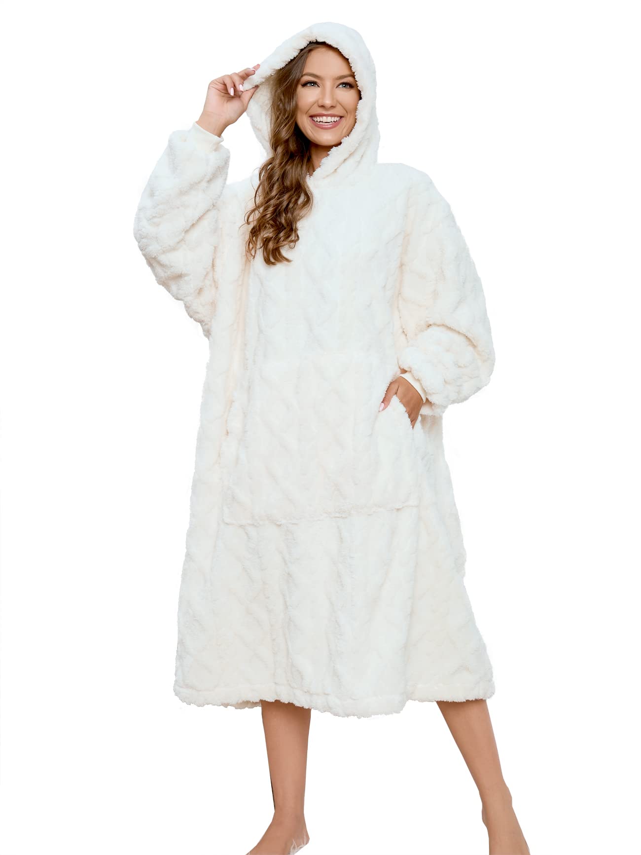 ililmmoe Sherpa Wearable Blanket Oversized Hoodie Sweatshirt TV Blanket with Long Sleeves and Pocket-Cream — image 1