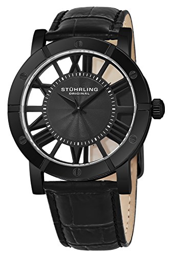 Stuhrling Original Men's 'Classic' Swiss Quartz Stainless Steel and Leather Casual Watch, Color:Black (Model: 881.03)