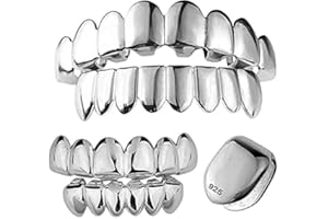 HARLEMBLING Solid 925 Sterling Silver Grillz - BEST 6 Or 8 Tooth Or Single Caps/Top & Bottom Grills For Teeth - Real Solid Silver Fronts Don't Change Color