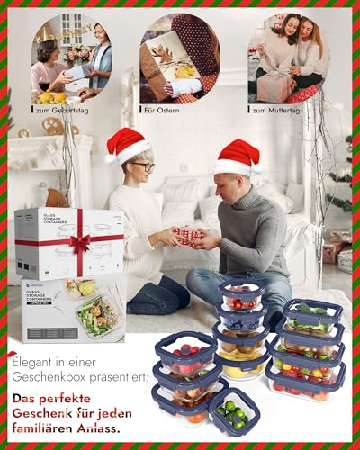 BOROHOUSE Glass Containers with Lid Set (12 Pieces), High Borosilicate, Microwave-Safe, Oven Safe, 20°C ~ 510°C, with Valve, Dishwasher Safe - Perfect for Storage Jars, Meal Prep & Freezer Containers, Blue