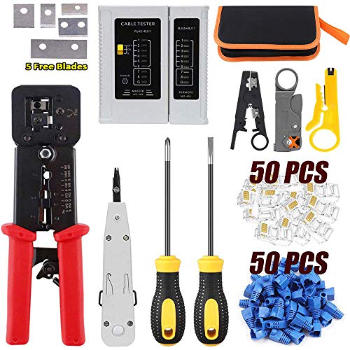 LEATBUY RJ45 Crimp Tool Set for RJ11/RJ12 Pass Through Cat5/Cat5e/Cat6 Crimping Tool for Regular End-Pass-Through with 50PCS Connectors, 50PCS Covers Network Wire Stripper Kit(RED) - Thumbnail 7