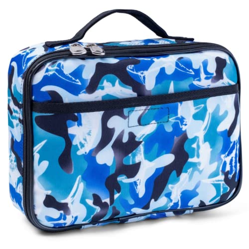 Fenrici Lunch Box for Boys, Kids Insulated Lunch Bag, Soft Sided Compartments, Spacious, BPA Free, Food Safe, 10.8in x 8.5in x 2.8in, Shark, Camo