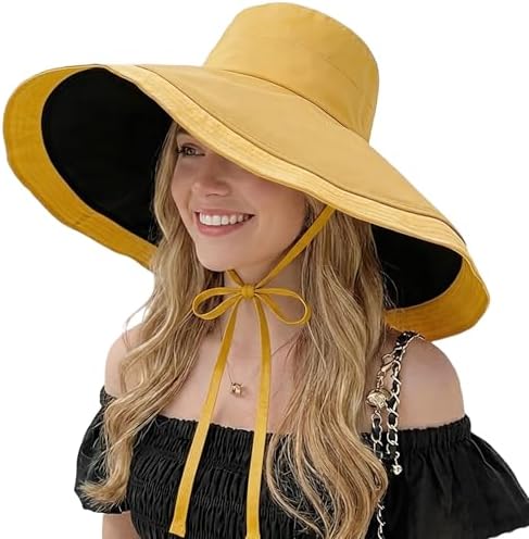 Women Wide Brim Summer Sun Hat Wired Edge Beach Bucket Fishing Hats Yellow Reversible Wide Brim Sun Hat Wired Edge Beach Bucket Fishing  main image 2