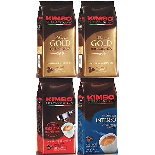 Kimbo ganze Kaffeebohnen Set mit 2 x Gold 100% Arabica, 1 x Espresso Napoletano und 1 x Aroma Intenso, vier 250g Beutel