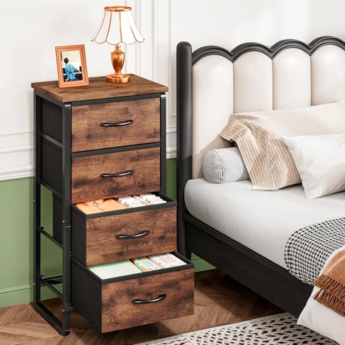 Cómoda Cajonera para Recámara con 4 Cajones de Tela, Parte Superior Impermeable, Estructura Metálica Resistente, Mueble Organizador de Almacenamiento para Dormitorio, Sala o Pasillo(Marrón Rústico)