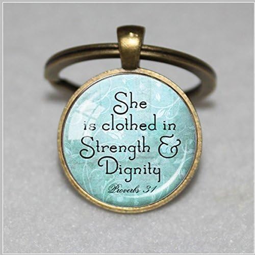 Long Silver Christian Scripture Keychain - Proverbs 31 Pendant Christian Jewelry Jewellery Bible Quote Verse Aqua Gift