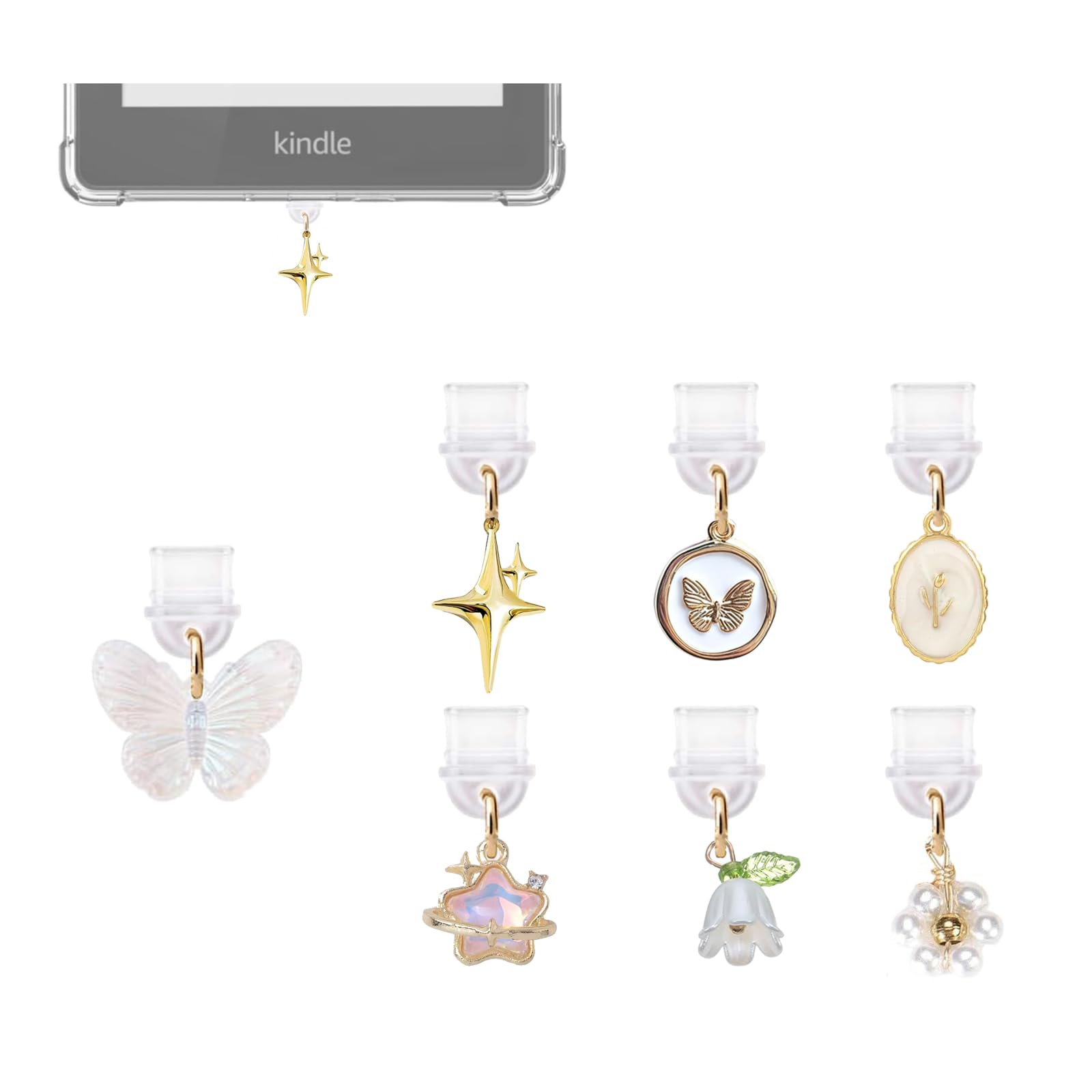 Kindle Dust Plug Charm,7 Pack Cute Bookish Cat Bear Star Glow in the Dark Charms Compatible with Kindle Paperwhite 2021 Released,Type C/USB C Dust Plug Port Cover Accessories for IPhone Gift (Flower)