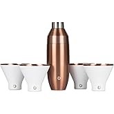 Snowfox Insulated Stemless Martini Glasses Set of 4 (8oz) & Cocktail Shaker (22oz), Vacuum Insulated Stainless Steel for Cold Drinks, Lid With Jigger & Built In Strainer, Bar Accessories, White/Gold