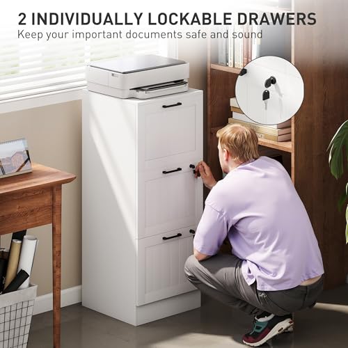HOMCOM 3 Drawer File Cabinet with Lock, Vertical Filing Cabinet with Adjustable Hanging Bars for A4 and Letter Size File Folders, Printer Stand with Storage for Home Office, White