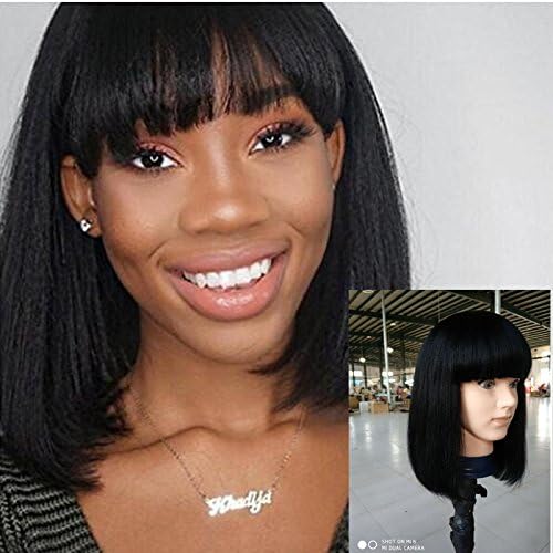 Fanshow Brazilian Glueless Human Hair Bob Wig with Bang Yaki Machine Made Short Wigs (12", 1)