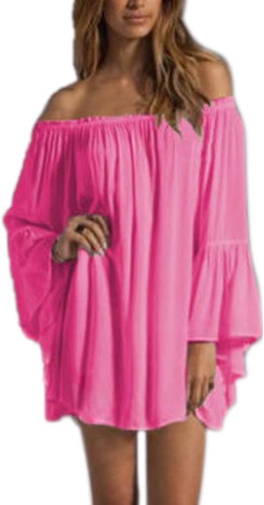 BienBien Ruffle Sleeve Tops Women Sexy Summer Casual Chiffon Long Sleeve Off Shoulder Beach Mini Dress Rose