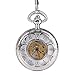 Antique Mens Silver Quartz Roman Numerals Pocket Watch with 14.5 inches Chain for Men Xmas Fathers Day Gift (Hollowed) (Silver)