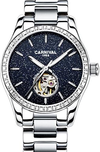 Womens 25 Jewels Automatic With Hollow Out Flywheel Mineral Mirror Luminous Watches Black