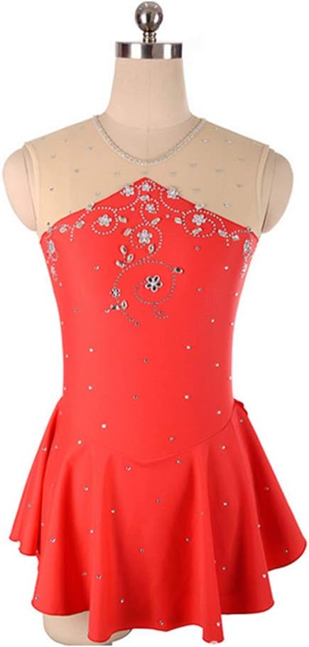 Figure Skating Dress for Girls Women Ice Skating Performance Costume Professional Stretch Breathable,Orange,160