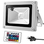 Warmoon 10W Waterproof LED Flood Light with US 3-Plug and Remote, RGB