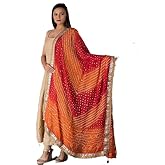 C&G INDIA Women's Bandhej With Gota Art Silk Dupatta (CG-BNDJ_Red Orange_240x80 cm), Red Orange, 240x80 cm.