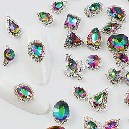48pcs Big Mix Sizes Different Shapes Colorful AB Iridescent 3D Crystals Diamonds Large Rhinestones Bow Silver Metal Charms Gems Stones for Nail Art Beauty Design Decoration Craft Jewelry DIY