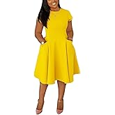 Summer Dresses for Women Semi-Formal Fit Casual Slim Short Sleeve O-Neck Elegant Swing A Line Midi Dresses with Pockets