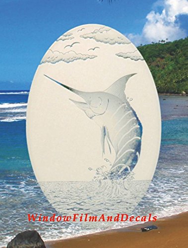 Oval Marlin Etched Window Decal Vinyl Glass Cling - White with Clear Design Elements (15" x 23")