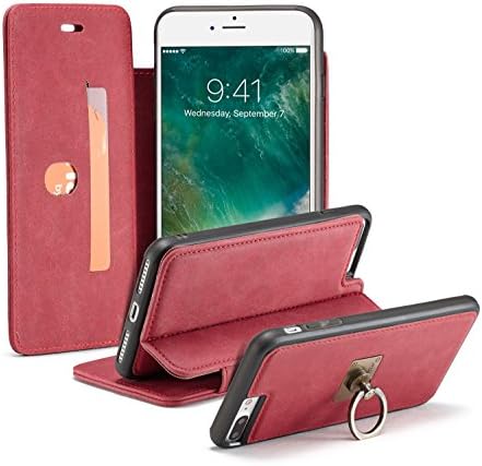 iPhone X Case,AKHVRS Genuine Leather iPhone X Detachable Case [2 in 1] Metal Ring Buckle Brackete with Slim Removable Hard PC Shell,Strong Magnetic Leather Folio Flip Cover for iPhone X - Red