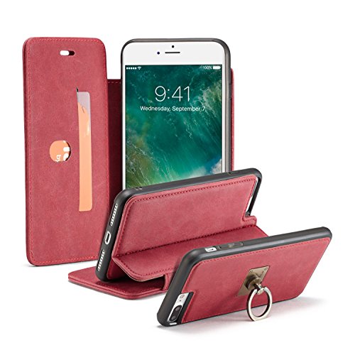 iPhone X Case,AKHVRS Genuine Leather iPhone X Detachable Case [2 in 1] Metal Ring Buckle Brackete with Slim Removable Hard PC Shell,Strong Magnetic Leather Folio Flip Cover for iPhone X - Red