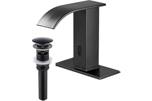 YCCUZA Automatic Touchless Bathroom Sink Faucet Black Drain Stopper with Overflow Waterfall AC/DC Motion Sensor Electronic Lavatory Vanity Sink Faucet Hands Free Tap with Control Box Temperature Mixer Valve