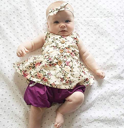 Toddler Baby Girls Shorts Outfits Set Floral Print Ruffle Dress Shirt Tops+Short Pants Summer Dresses 3PC Set(12-18M) Purple