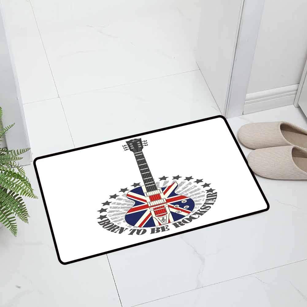 Rock Music Indoor Outdoor Floor Mats Kitchen Floor Mat Union Jack ed Guitar Stars Union Jack Musical Instrument Easy to Clean, 23.5 x 15.5 inch Red Blue