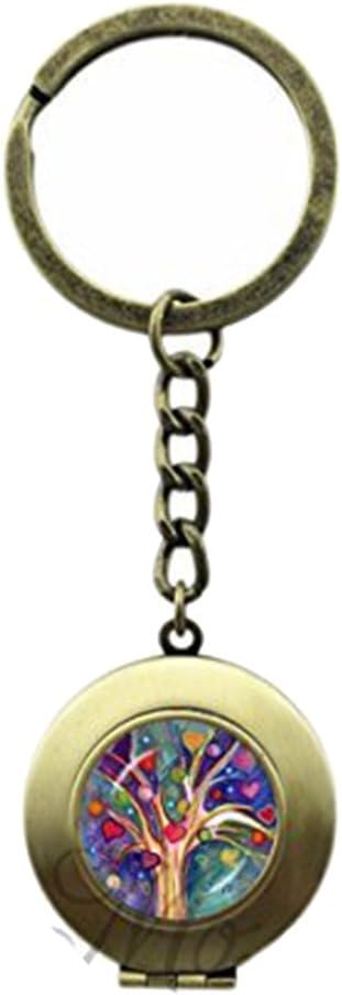 Glass Locket Pendant Rainbow Heart Tree Key Chain Ring Multi-colored Tree Key Chains