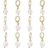 PH PandaHall 12Pcs Natural Pearl Earrings with 18k Gold Small Hoop 3 Styles Pearl Drop Dangle Earrings Gold Hoop Earrings Dangle Small Hoop Earrings for Women
