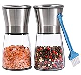 Premium Salt and Pepper Grinder Set of 2 - Refillable Coarseness Adjustable Stainless Steel Salt and Pepper Mill Shakers With Lid 6 OZ Glass Body And Free Cleaning Brush