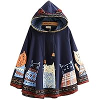 Hotmiss Womens Cat Ear Hooded Pullover Long Sleeve Sweatshirt Poncho Shawl Cape (Navy Blue)