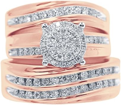 Silvercz Jewels 14K Rose Gold Fn .925 2/3 Ct Cluster Diamond Trio Wedding Matching Ring Set