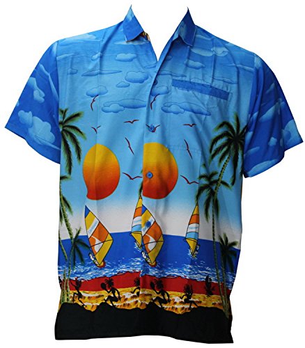 La Leela Light Blue Likre Sunset Aloha Surf Beach Hawaiian Shirt For Men
